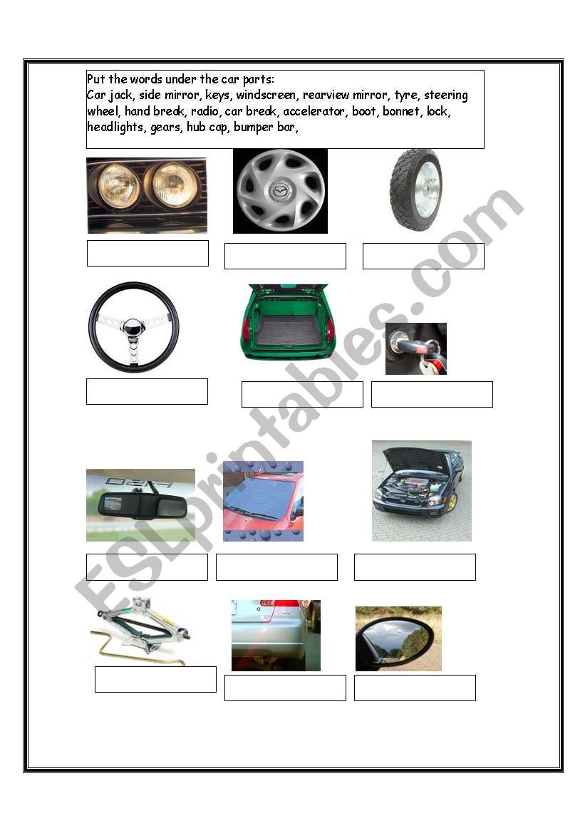 Car parts vocabulary worksheet