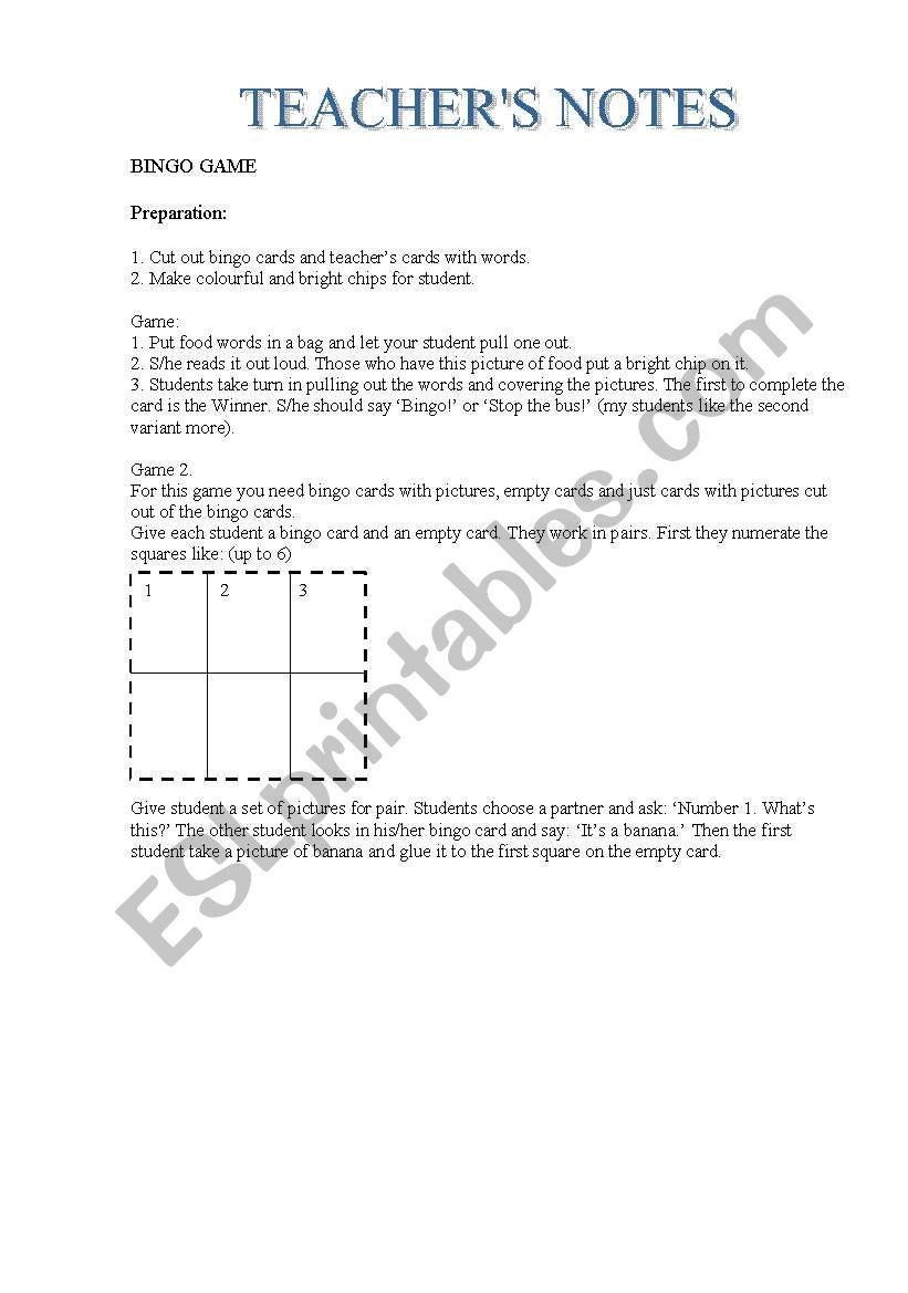 Teachers Notes for BINGO GAME (FOOD)