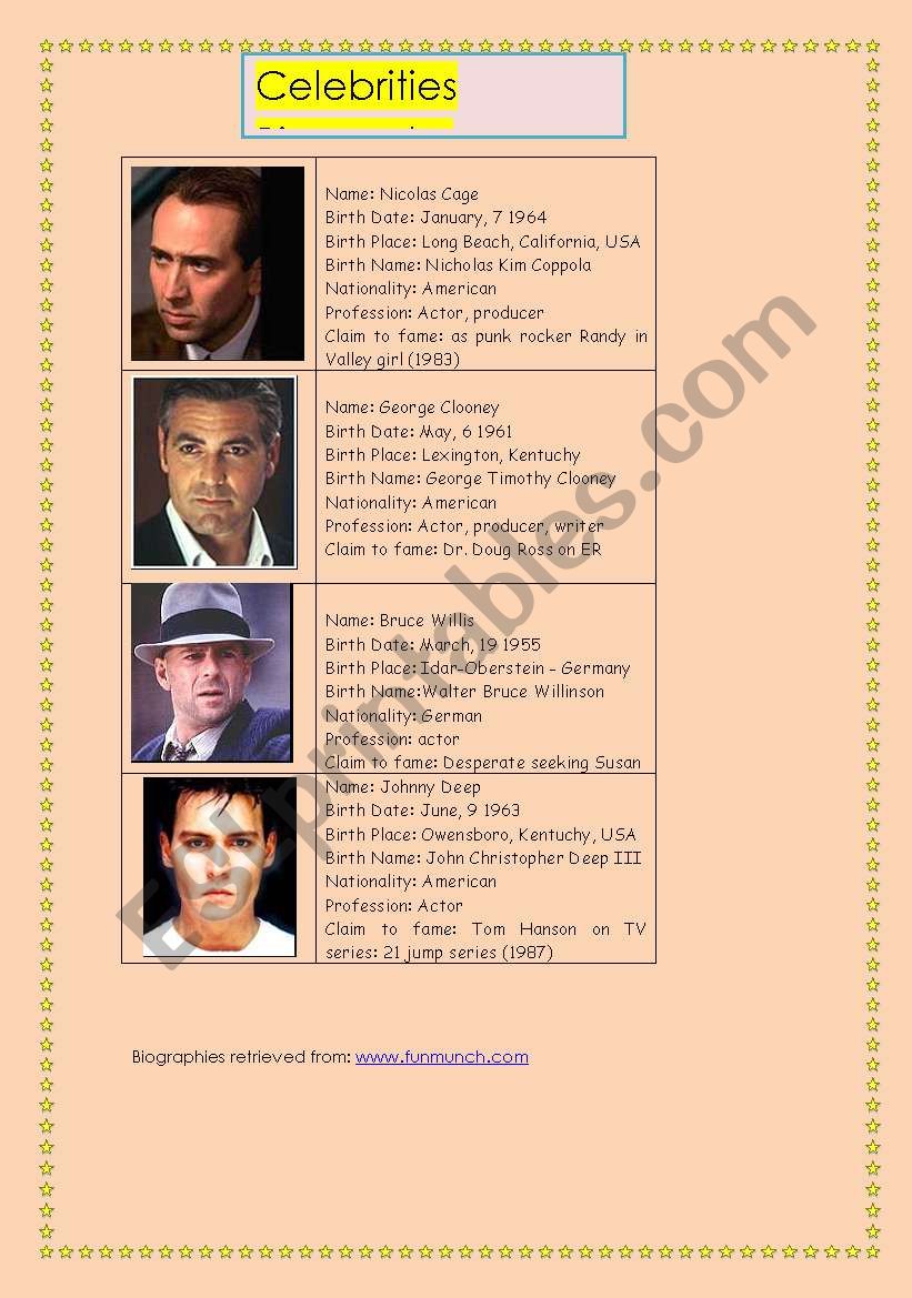 Celebrities worksheet