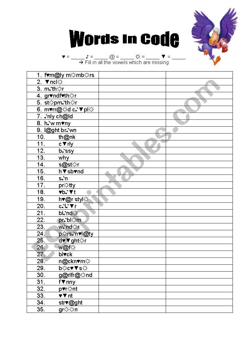 Words in Code worksheet
