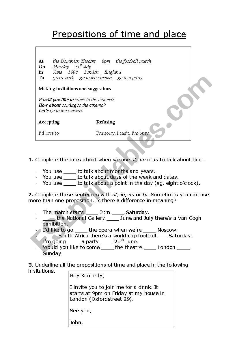 worksheet concerning prepositions