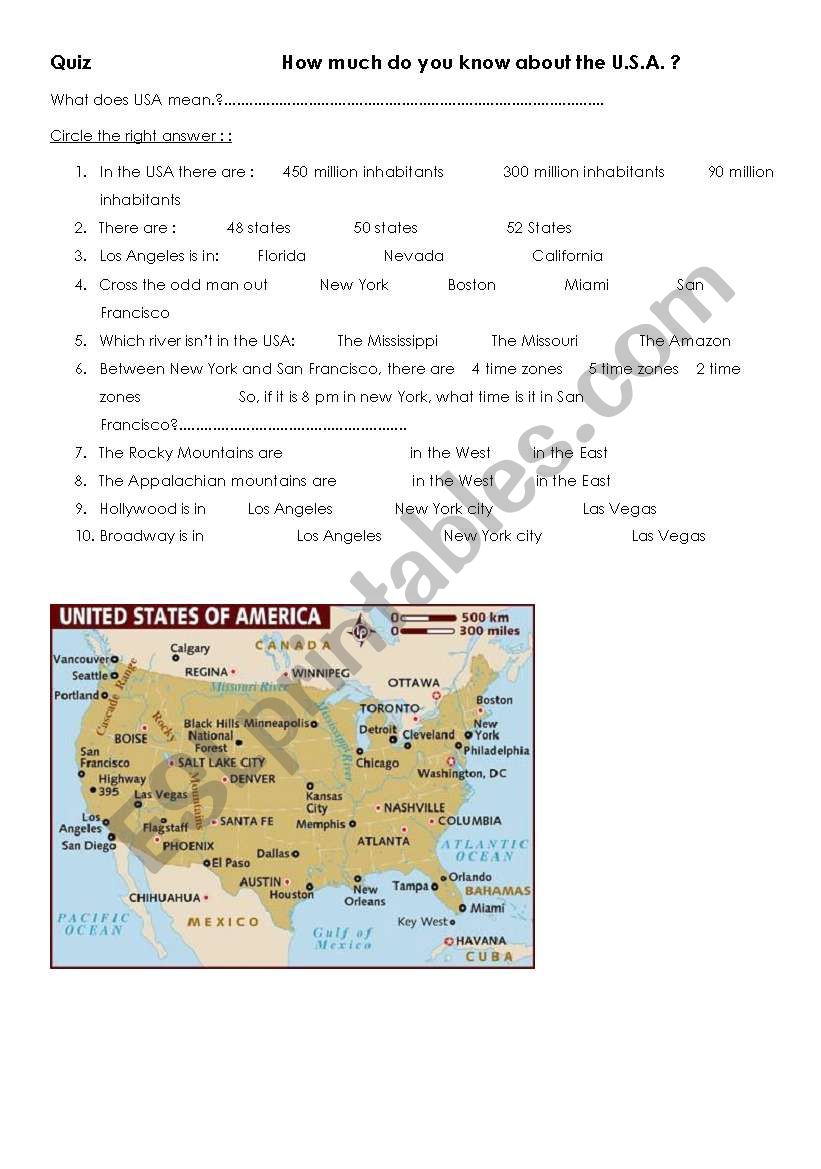 Quiz about the USA. worksheet
