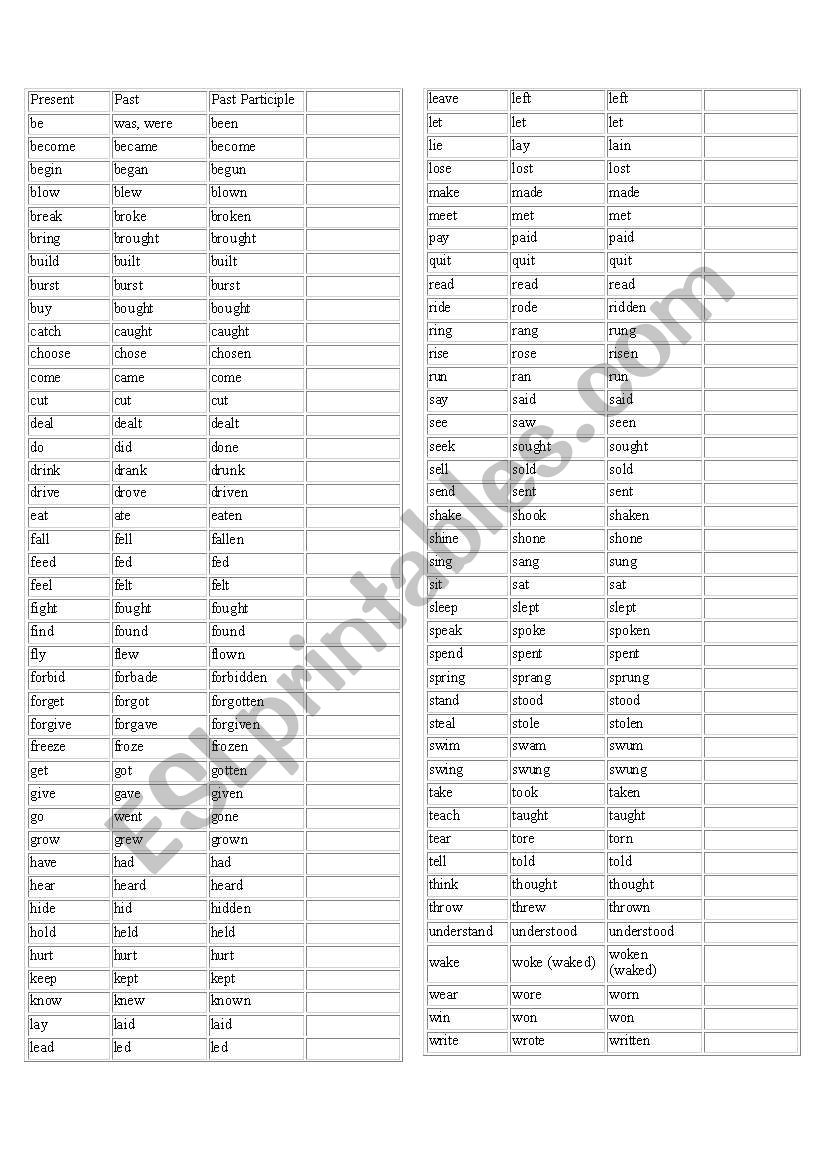 Irregular Verbs worksheet