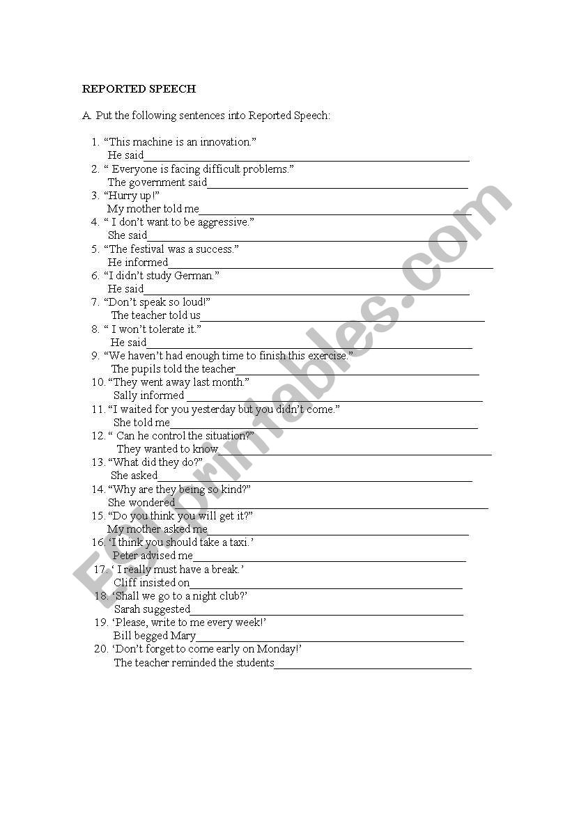 reported speech worksheet