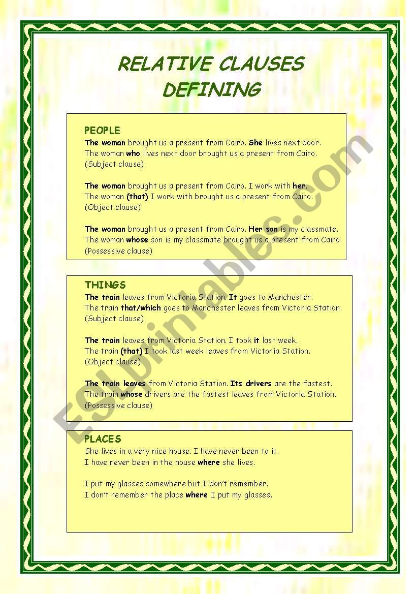 Defining Relative Clauses worksheet