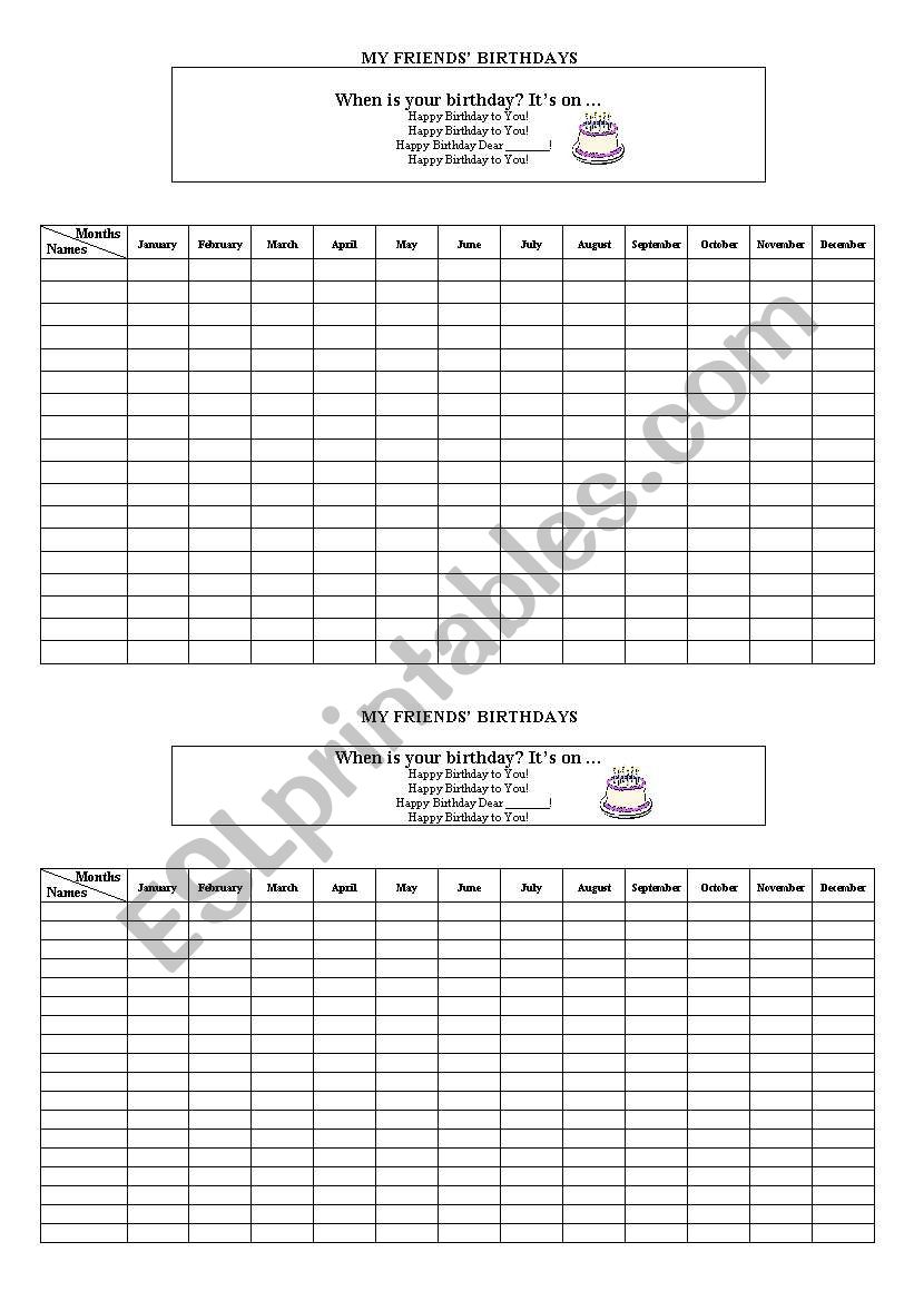 BIRTHDAY CHART worksheet