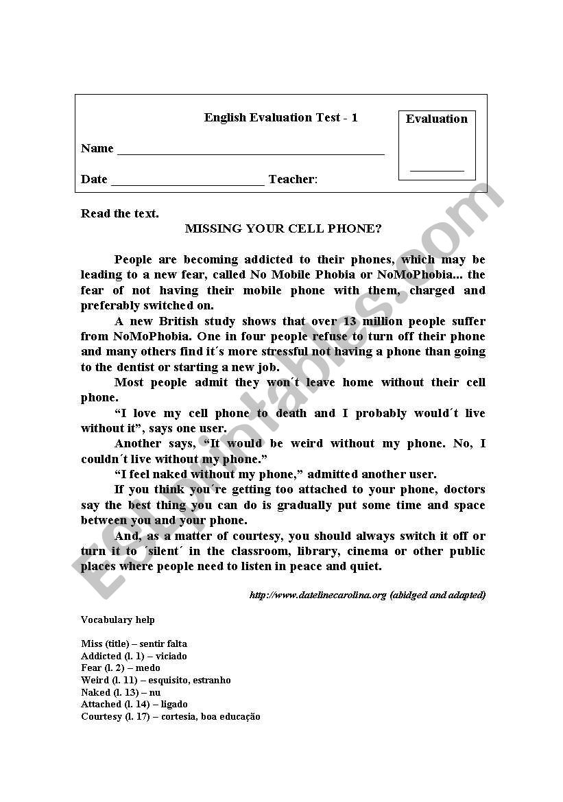 English test worksheet