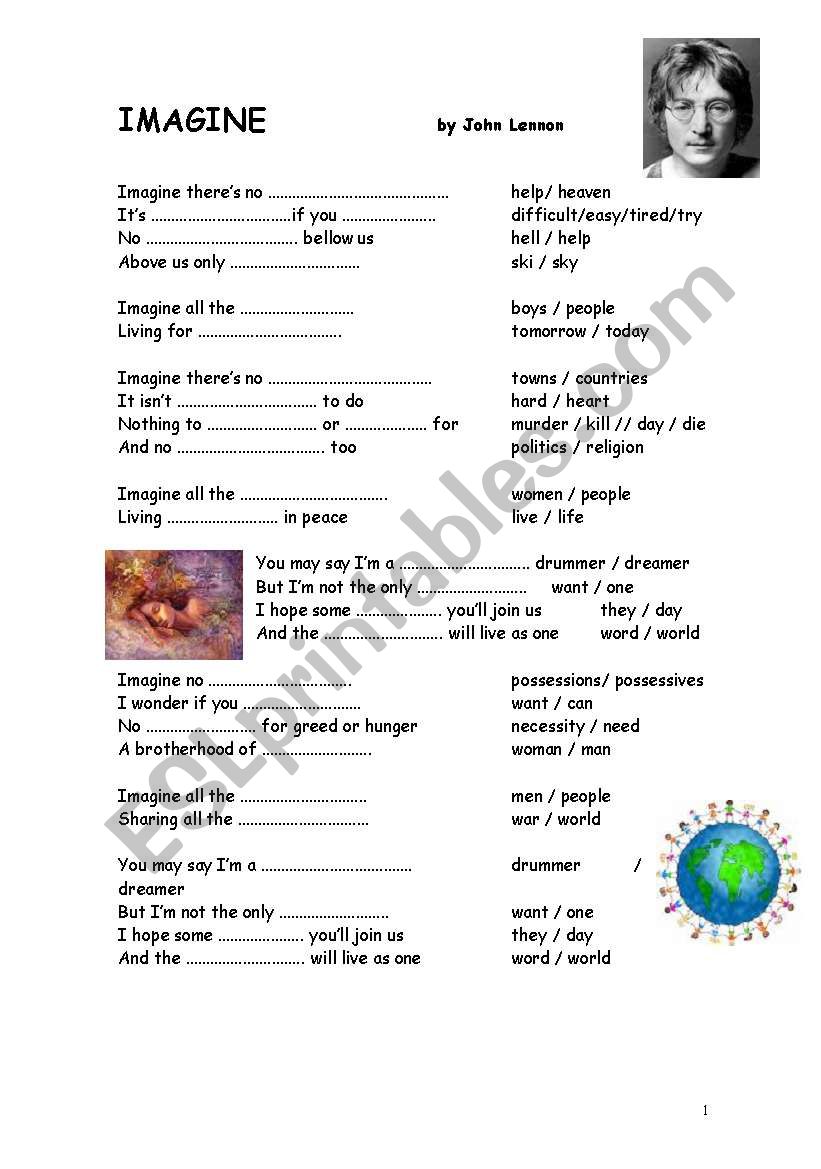 Song: IMAGINE - John Lennon - English ESL Worksheets for distance learning  and physical classrooms