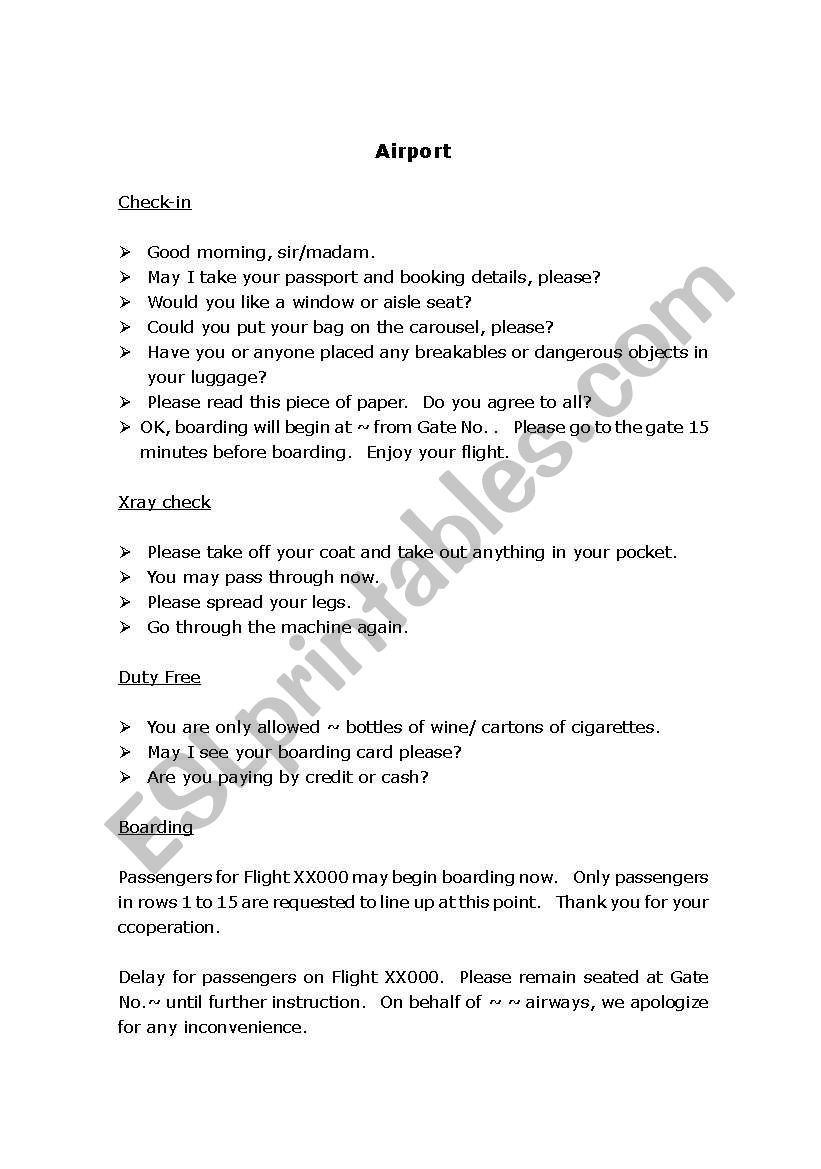 Airport - Vocab for role-play worksheet