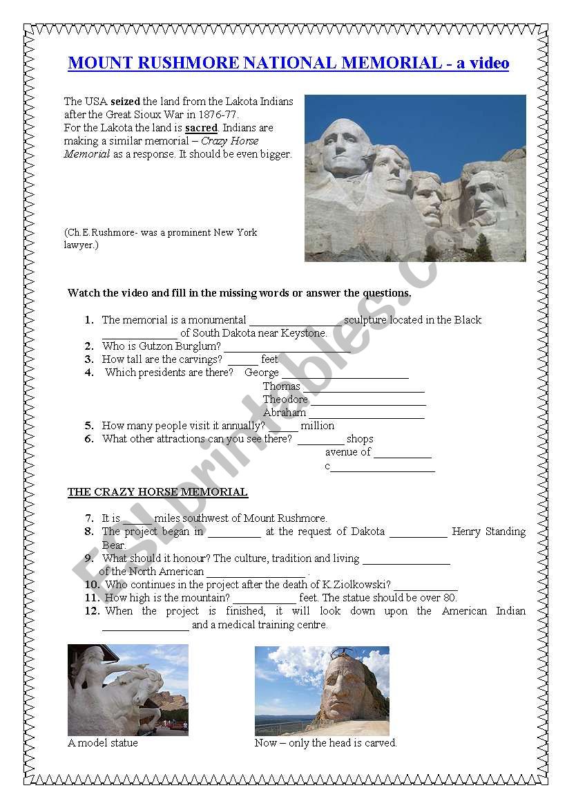 RUSHMORE MEMORIALS worksheet