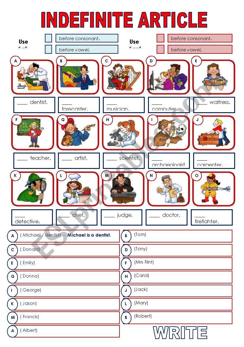 INDEFINITE ARTICLE AND JOBS worksheet