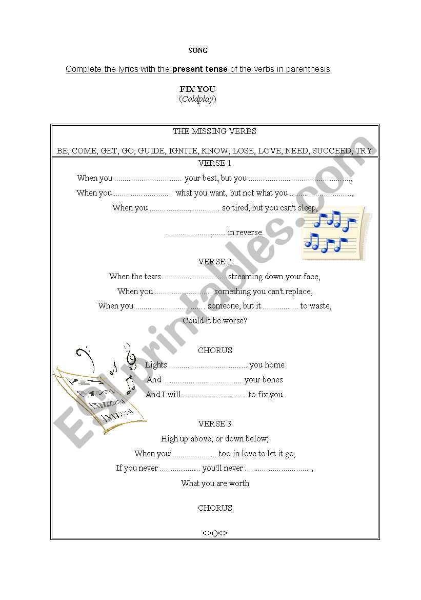 Song: Fix you (Coldplay) worksheet