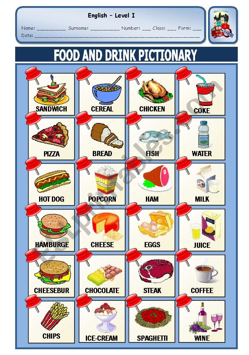 FOOD AND DRINKS PICTIONARY worksheet