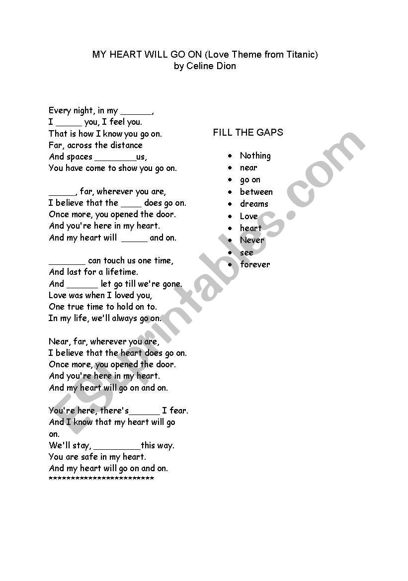 my heart will go on worksheet