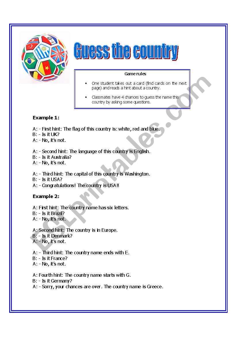 Skeptisk kalligraf Fjord Guess this country game - ESL worksheet by Dianasuzuki