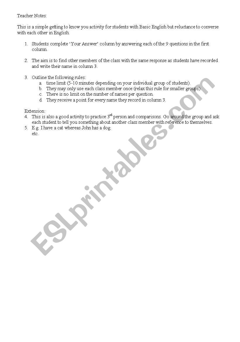 Getting to know you worksheet