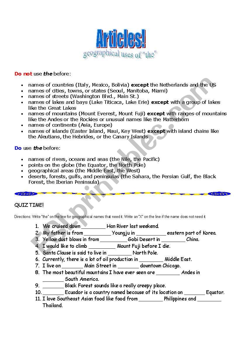 Geographical Uses of The worksheet