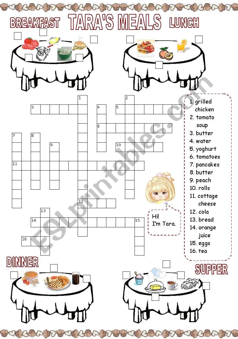 Taras meals (2) Crossword worksheet