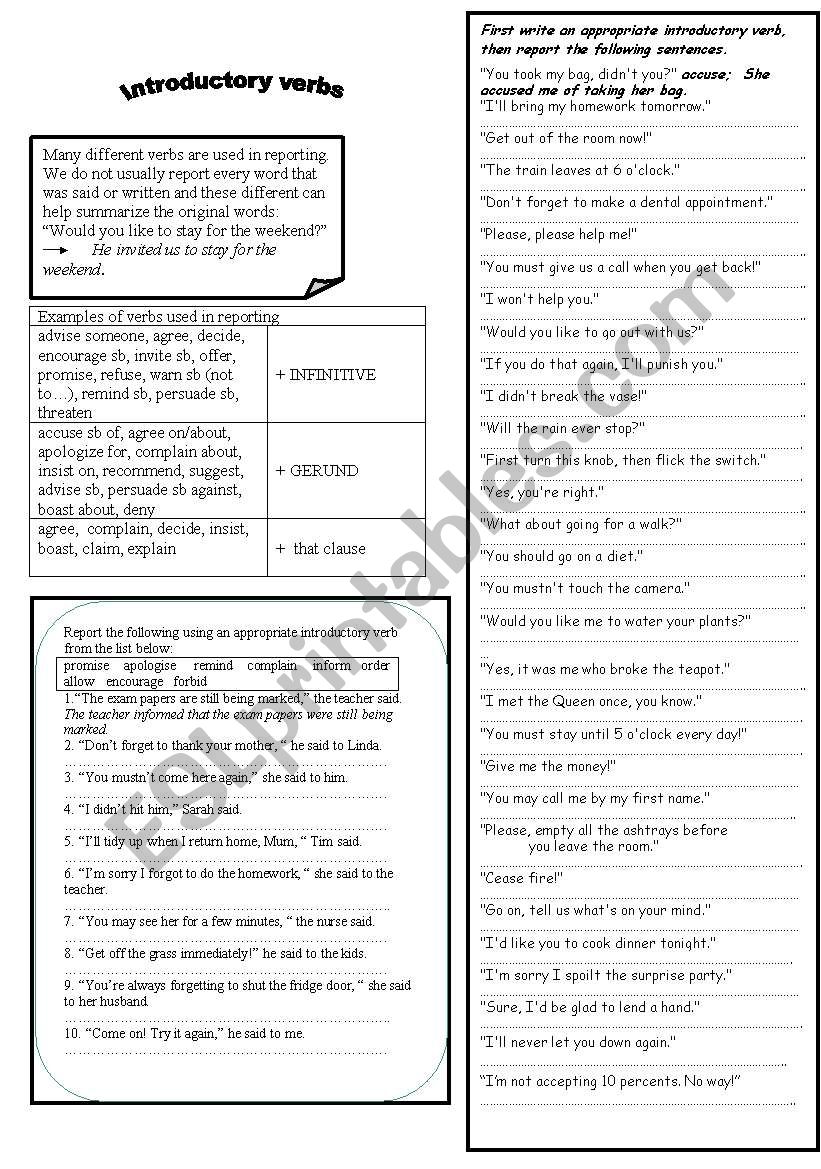 Introductory verbs worksheet