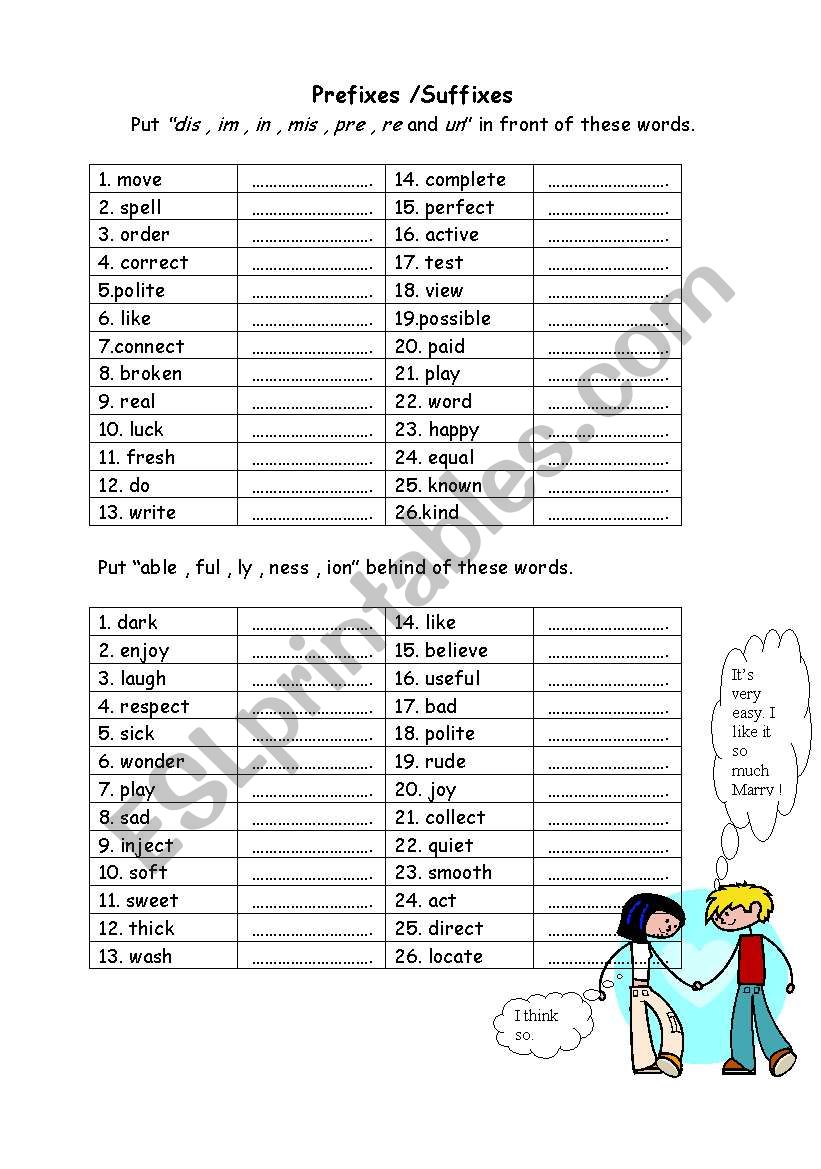 Prefixes and suffixes worksheet