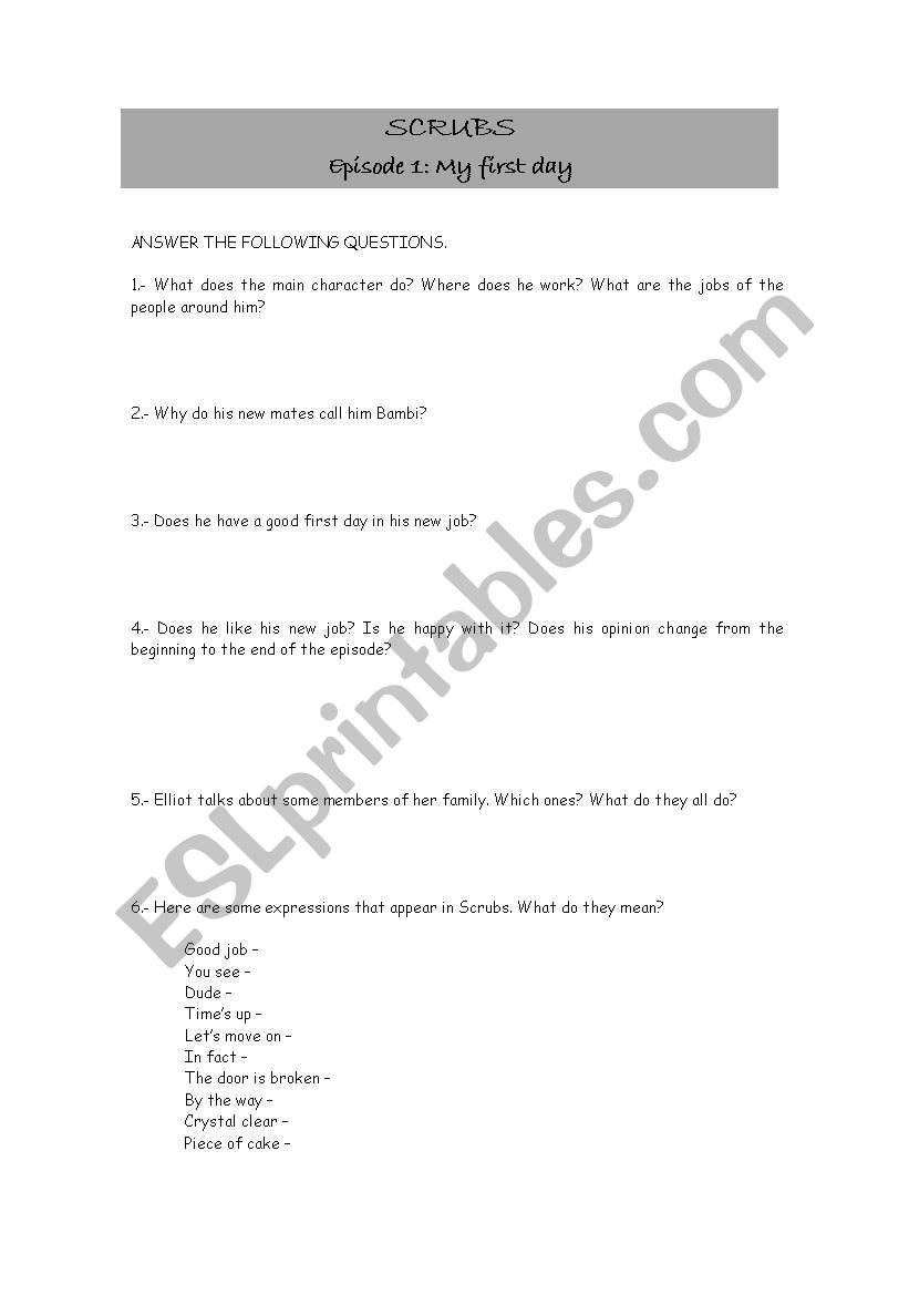 Scrubs: episode 1 worksheet