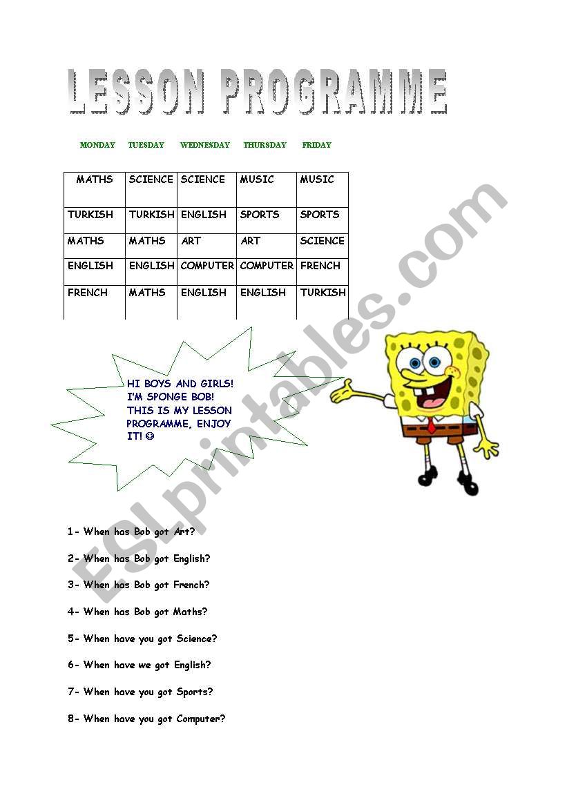 lessons and days worksheet