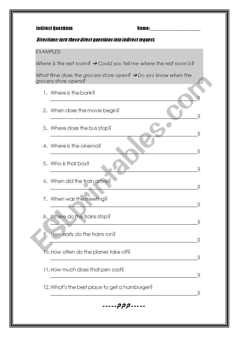 Indirect Questions worksheet