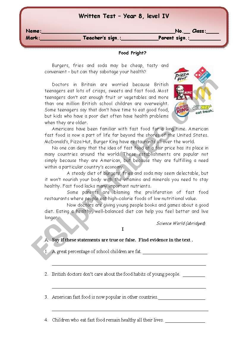 written test (4 pages) about fast food/ healthy/ unhealthy food