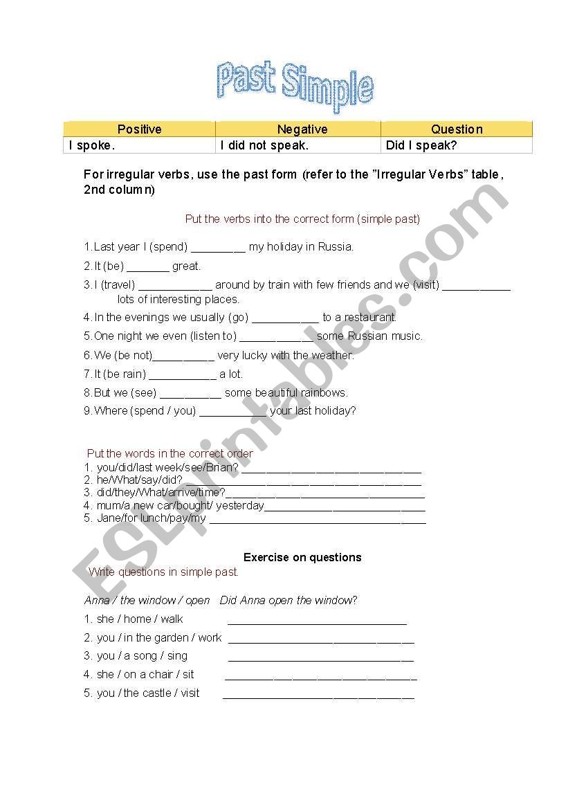 Past Simple activities worksheet