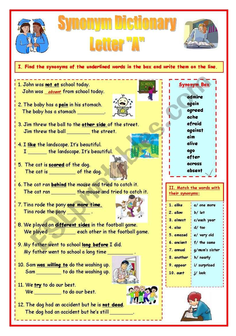 Synonym dictionary worksheet