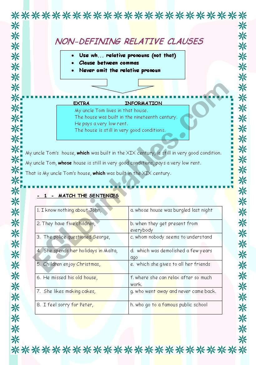 Non-defining Relative Clauses worksheet