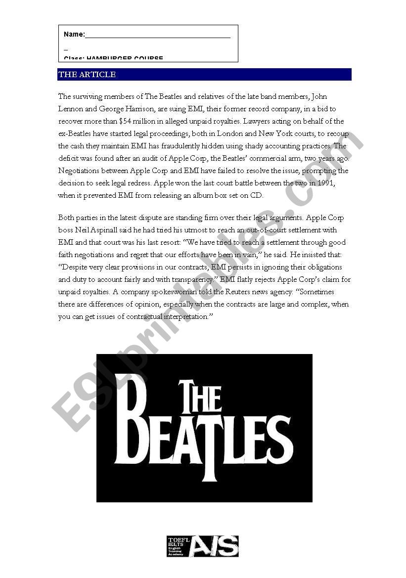 The Beatles: Reading and Comprehension (to be used with 