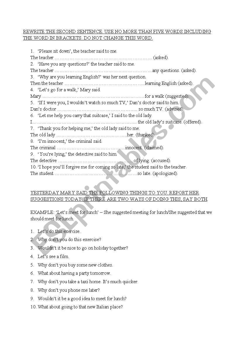 Indirect speech worksheet