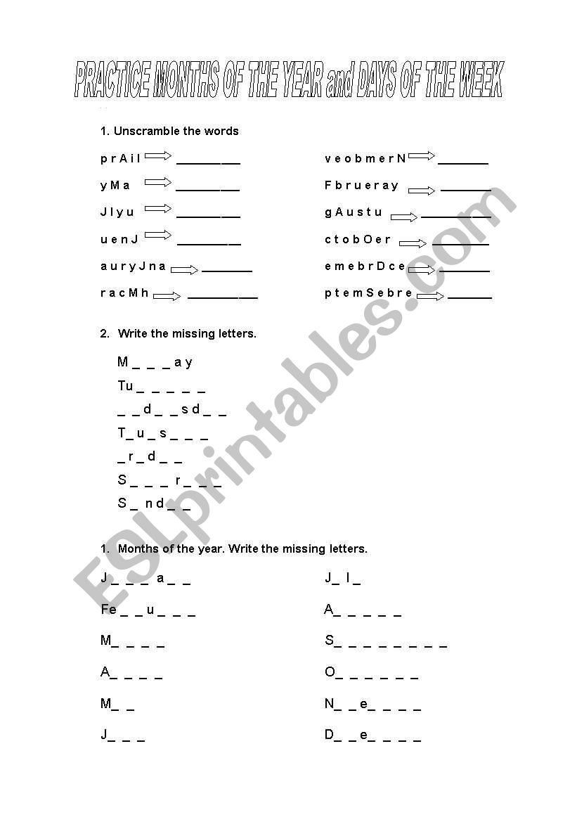 Months and days worksheet