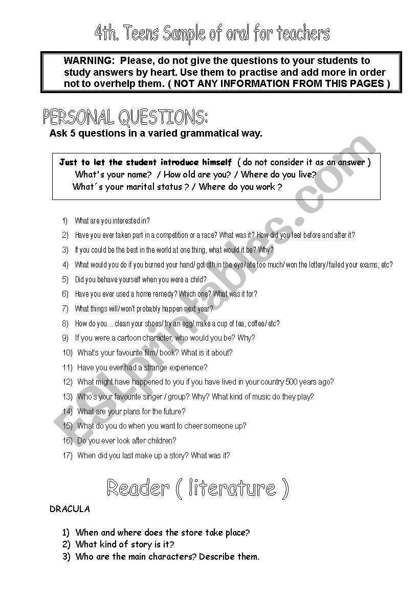 sample for oral  worksheet