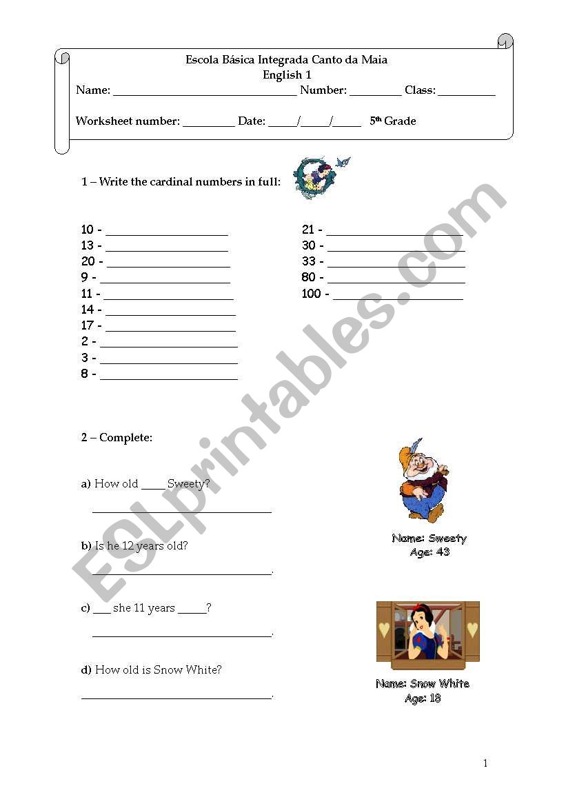 Age and Numbers worksheet