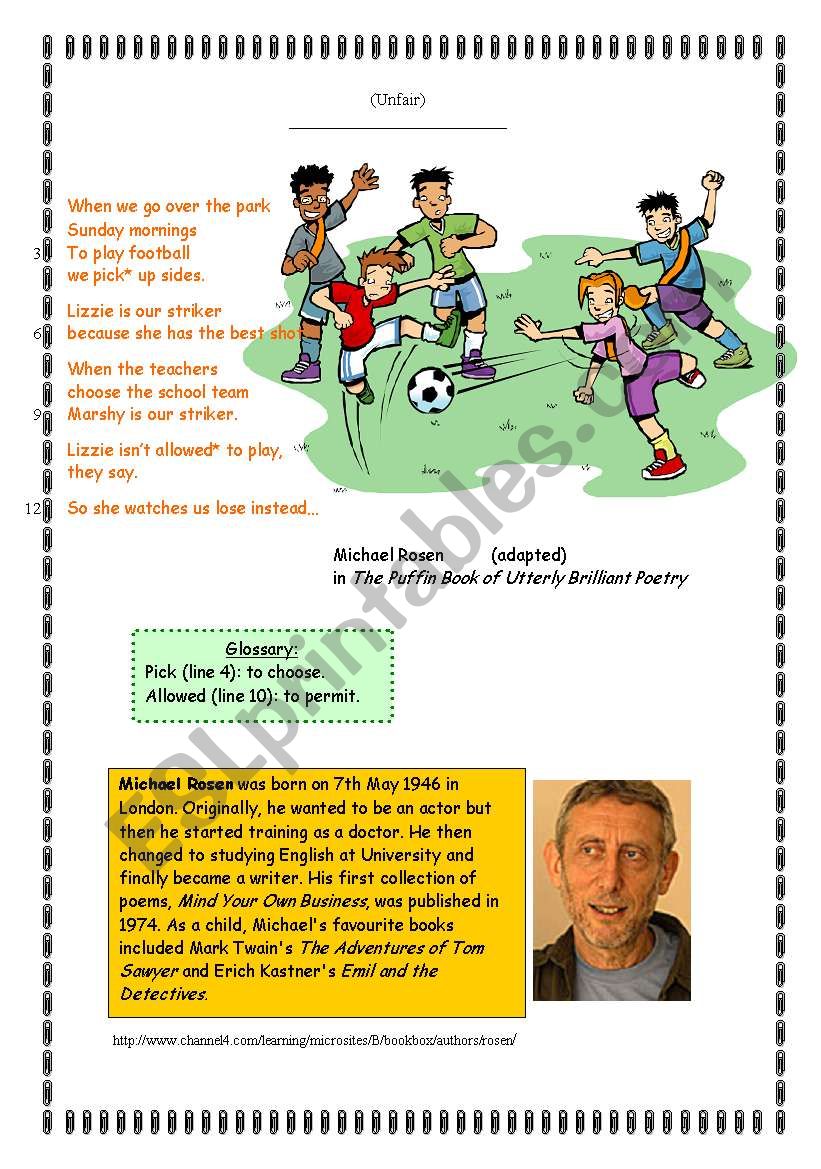 Unfair by Michael Rosen worksheet