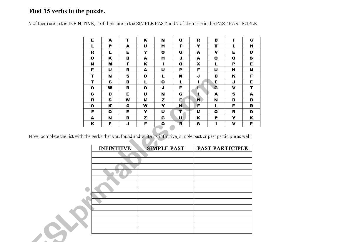 FIND 15 VERBS IN THE PUZZLE worksheet