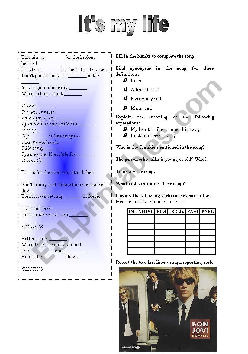 Its my life by Bon Jovi worksheet