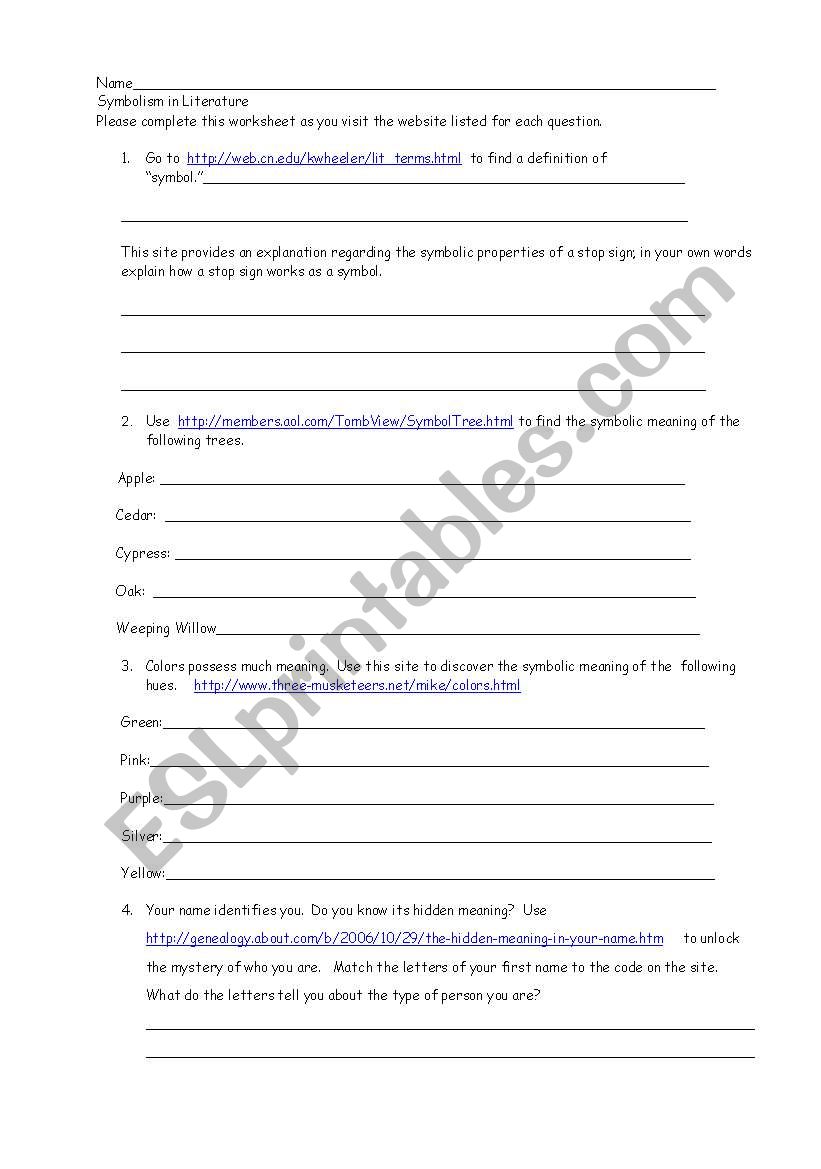 Symbolism in Literature  worksheet