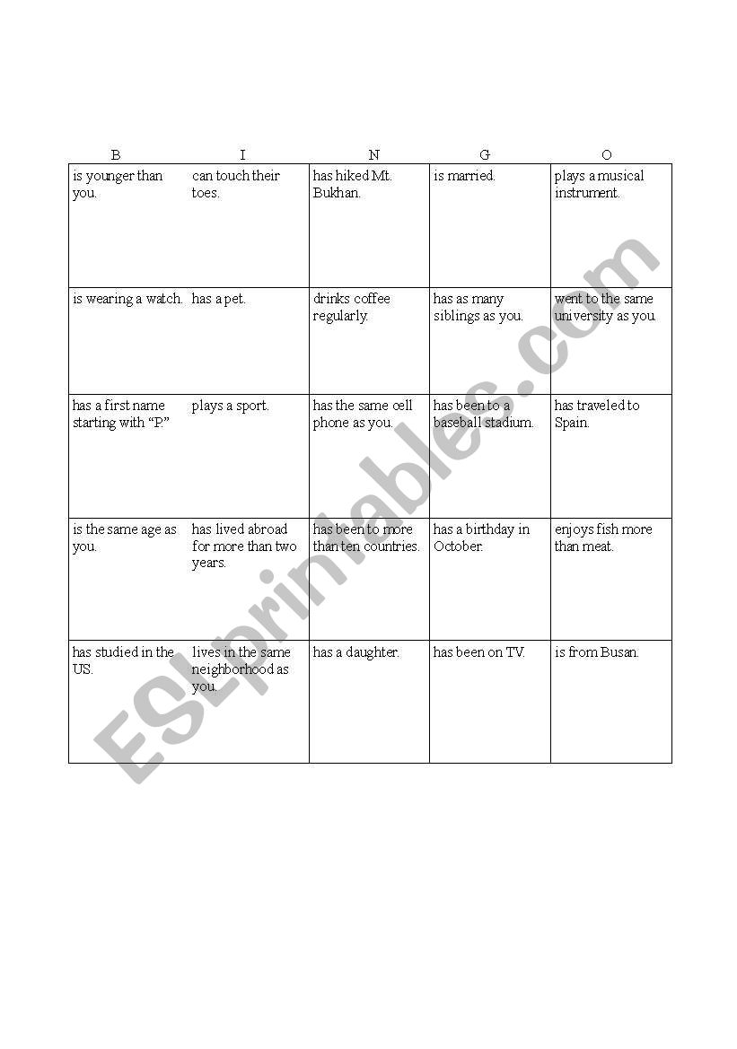 Bingo Icebreaker worksheet