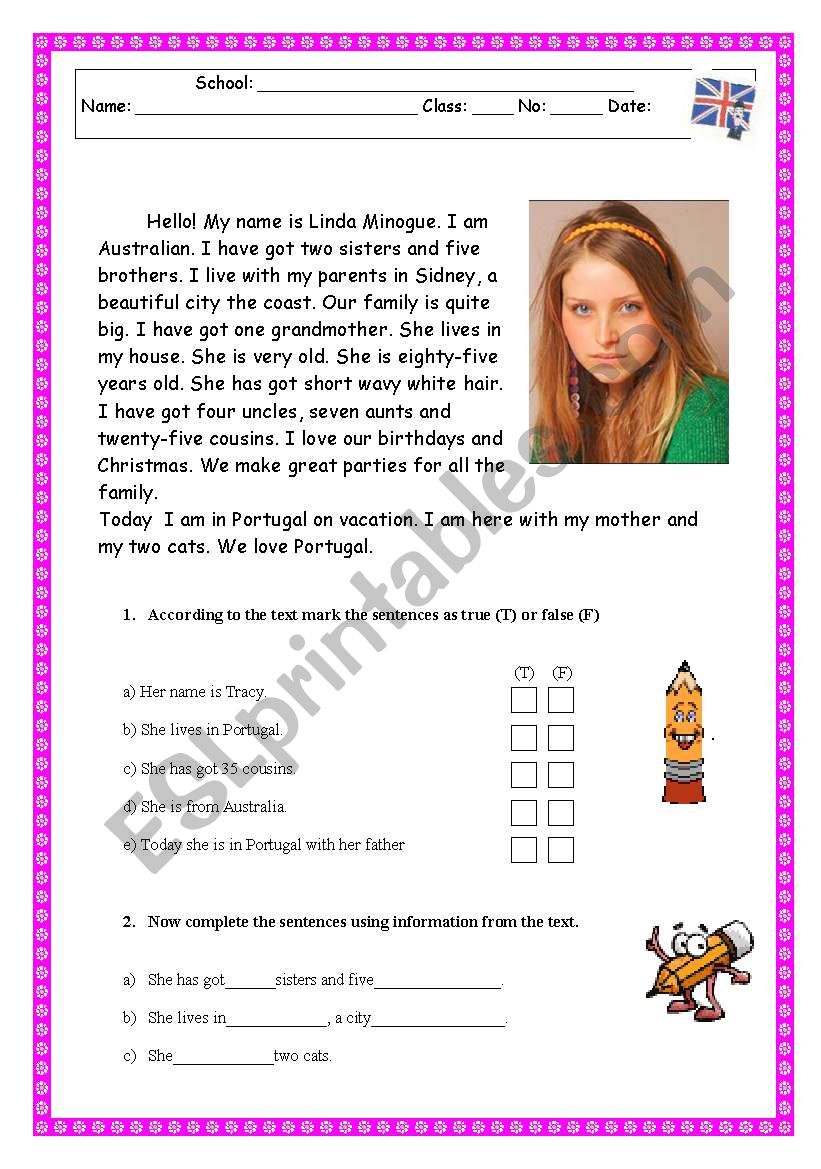 Reading Comprehension Test/Worksheet - Family/Physical description