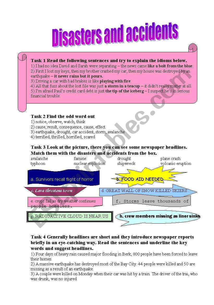 Disasters and accdents worksheet