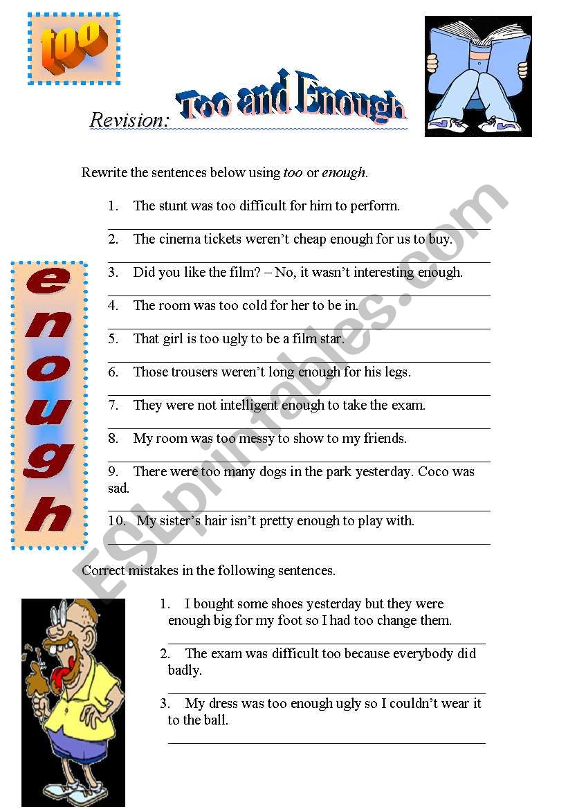 too and enough. revision worksheet