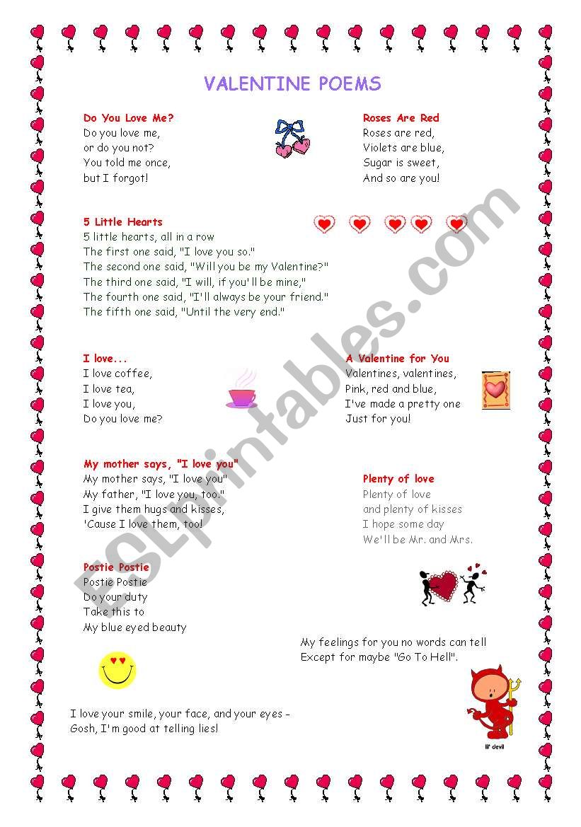 Valentine poems worksheet