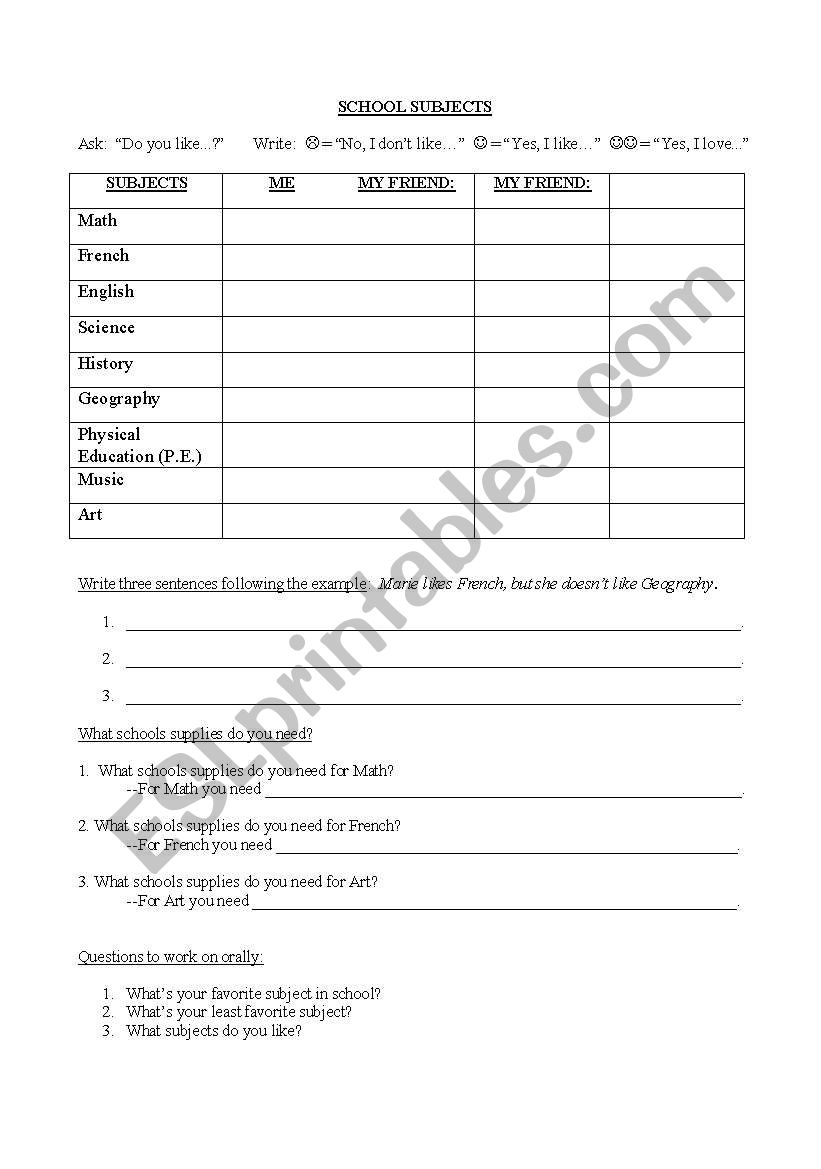 School Subjects worksheet