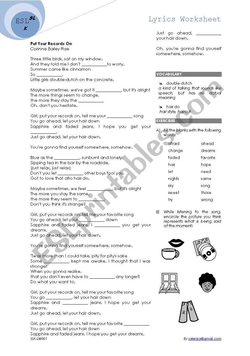 Lyric worksheet - Put your records on