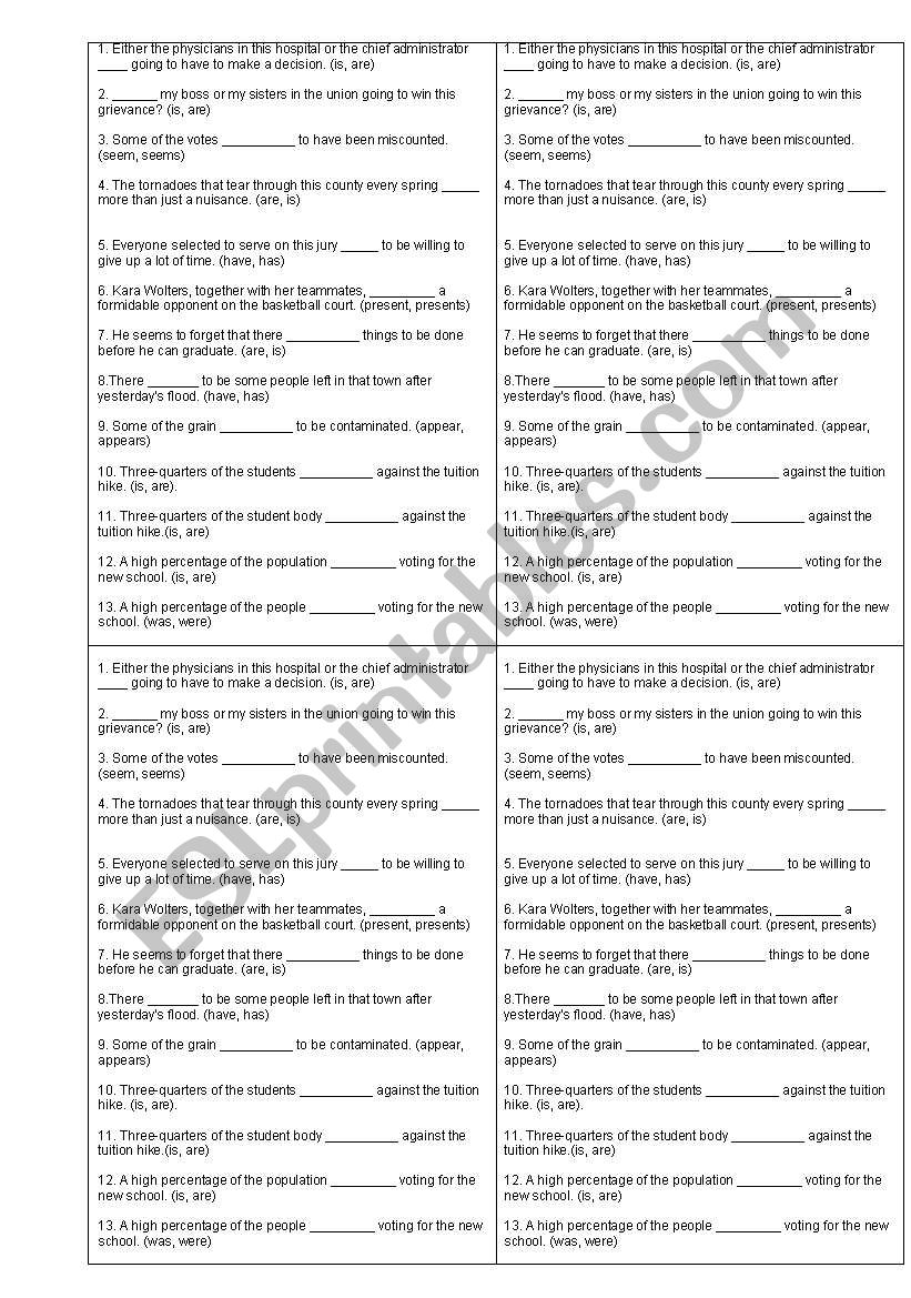 Verb agreement worksheet