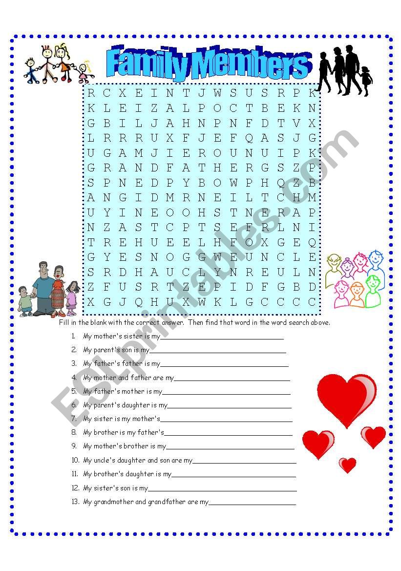 Family Members Wordfind worksheet