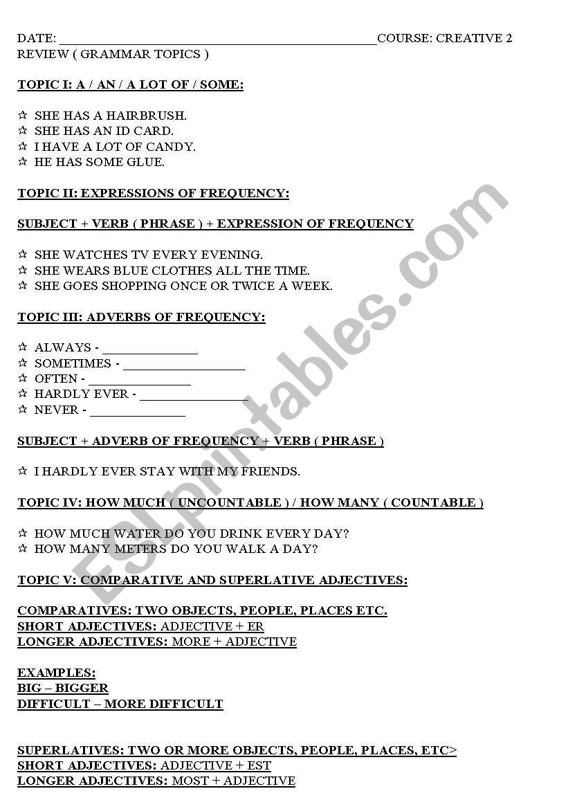 Present Continuous, Adverbs of frequency, a - an - a lot of - some, comparative and superlative 